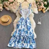 FTLLZ Verano Mujeres Sexy Spaghetti Strap Mini vestido sin tirantes Casual Bow Ruffled Floral Print Slim Beach Blue 210423