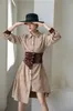 Corduroy Tunic Asymmetrical Brown Shirt Dress Women Long Sleeve Button Up Collar Corset Mini Designer Belt 210427