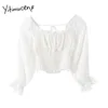 Yitimuceng Blusa Branco Mulheres Bow Lace Up Dobras Backless Camisas Manga Longa Coleira Sólida Primavera Summer Moda 210601