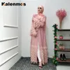 Dubai Open Abaya Muzułmańska Sukienka Hidżab Kobiety Lace-Up Pluszowy Tassel Kimono Jubah Kaftan Odzież islamski Caftan Musulman Długie Szata Przypadkowe sukienki