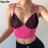 Patchwork bordo in pizzo senza spalline sexy camis rosa crop top donna estate vintage senza schienale profondo scollo a V estate Y2K gilet 210415