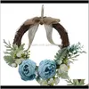 Dekorative Blumen Kränze Künstliche blaue Pfingstrose Blumenkranz mit grünen Blättern Frühling für Haustür Hochzeit Wand Home Decor E7Ebq Jaupv