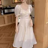 フレンチサマーシフォンドレス女性スウィートパフスリーブOネックパーティードレスAラインソリッドプリンセスロングドレスvestidos 14186 210518