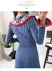 Vintage Flare Sleeve Blue Jacquard Flower Sweater Dress Spring Women Elegant Lapel Collar Knit Pullover Female A-line Dress 210514