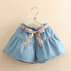 Summer Casual 3 4 5 6 8 10 11 12 Years Baby Solid Color Cotton Loose Denim Blue Shorts With Floral Belt For Kids Girls 210529