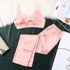 Hechan Pattern Pajama V Neck Spaghetti Strap Skriv ut Byxor Satin Sleepwear Set Sexig Nightwear Summer Home Suit Sets 210713