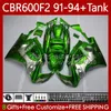 Body+Tank For HONDA CBR 600F2 600 F2 CC 600FS 91 92 93 94 Bodywork 63No.22 CBR600 FS CBR600F2 CBR600FS 1991 1992 1993 1994 CBR600-F2 600CC 91-94 Fairings Kit green flames