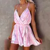 Women Pink Tie-Dye Lace-Up Spaghetti Strap Dress Summer Ladies Sexy V-Neck Sashes Backless Boho Beach Holiday Mini Dresses 210416