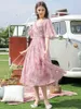 Kvinnor Sommar Elegant Chiffon Rosa Klänning Festa High Quality Party Robe Femme Lace Designer Empire Waist Dresses Vestidos 210421