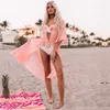 Sexy See Through Bikini Cover-ups Pink Chiffon Tunic Long Kimono Women Summer Wrap Dress Beach Wear Swimsuit Cover Up Q1256 210722
