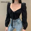 Missakso Women Backless Crop Top Zwart Lace Up Streetwear Long Puff Sleeve Fashion Ladies V Neck Sexy Autumn White Shirt 210625