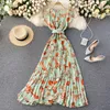 Singreiny Women Pleated Floral Dress Sommar Fransk O Neck Sashes A-Line Dresses Bohemian Print Romantic Holiday Beach Dress 210419