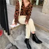 Leopard Knitted Women Sweter Sweter z długim rękawem V-Neck Pojedynczy Breasted Tops Vintage Moda Damska Damska Skoczkami 210513
