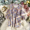 Women's Floral Chiffon Shirt Short Sleeve Tops Summer Turn-down Collar Strapless Ruffled Puff Loose Sweet ML887 210506