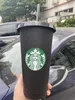 Starbucks Copos Frios 24oz / 710ml canecas Preto Plástico Tumbler Drinkware bebendo suco de leite reutilizável caneca de leite liso fundo de café de café plano com tampa Stojo Stojo