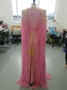 Dubai Abaya Kaftan Roze Avondjurken 2021 Sexy V-hals Chiffon Gold Applique Beaded Lange Prom Dress Marokkaanse Formele Partij Gown Robe de Soirée Mariage
