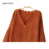 YAMDI women tassel sweater autumn winter solid orange white black sweaters cropped jumpers v neck sexy knitted pullover 210922