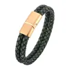 Bracelet manchette en cuir véritable tissé pour hommes, haute qualité, or 18 carats, boucle magnétique, en acier inoxydable, bijoux