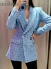 Spring Autumn Official Suit Sequin Double Row Button V-Neck Jacket Long Sleeve Pocket Blue Women's Suits Blazer 210604