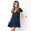 Pleated Ruffle Female Sundres Summer Dress Sexy V Neck Linen Buttons Short Mini Vestidos A Line Loose Casual Dresses 210623