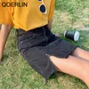 Qoerlin vintage rasgado na cintura alta saia feminina sherm skole split jeans saia lateral de bolso lateral zíper Design mini saias 210412