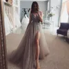Prom-jurken kralen lang 2021 v nek licht grijs hoge split tule sweep trein mouwloze avondjurk a-line backless vestido de estido
