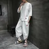 Mäns Tracksuits Plus Storlek 4XL 5XL Kinesisk stil Vintage Tracksuit Men Half Sleeve Top + Beskuren Byxor 2 Piece Set Loose Fit Sommar Man Clot