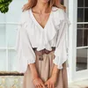 Kvinnor Vintage Ruffled Blouse Spring Casual Chiffon Shirt Ruffles Puff Sleeves Långärmad Bottom T Shirts Deep V-Hals Top