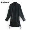 Aachoae Seksi Katı Bodycon Elbise Uzun Kollu Donanma Renk Gömlek Elbise Sonbahar Bahar İpli Şık Chic Mini Elbise Vestidos 210413