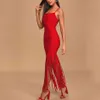 Ücretsiz kadın saçaklı bandaj elbiseler kırmızı seksi spagetti kayışı kolsuz bodycon kulübü parti vestidos 210524