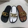 SUOJIALUN New Brand Design Ciabatte a catena in oro Punta aperta Tacco piatto Scivoli casual Casa Outdoor Flip Flop Summer Beach Slides Scarpe C0407