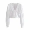 Solid Deep V-Neck Vintage Buttons Women Shirt Long Sleeve White Fashion Cropped Tops Female Office Lady T-Shirt Mujer Top 210521