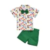 Verão Crianças Conjuntos Moda Manga Curta Imprimir Dinossauro Bow T-shirt Verde Sólido Shorts Casuais 2pcs Meninas roupas 1-7T 210629