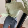 Chegada Primavera Lace Blusa Branca Camisas Mulheres Manga Longa Casual Camisa Sólida Tops Meia Turtleneck Slim Sexy Top 12709 210512