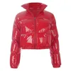 Women's Jackets Crop Bubble Puffer Winter Jacket Coats Faux Patent Leather Warm Long Sleeve Women Outerwear Zipper Casual Solid Parkas