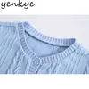 Kvinnor Ruffled Cable Knit Cardigan O Neck Kortärmad Singel Breasted Button Crop Sweater Fashion Summer Toppar 210514