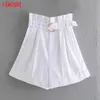 Tangada Mulheres Cintura Alta Branco Largo Perna Shorts com Bolsos Zipper Bolsos Feminino Retro Calções Casuais Pantalones 4N75 210609