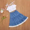 2-7Y Kleinkind Baby Kind Mädchen Sommer Kleidung Set Rüschen Röcke Weiße Bogen Weste T Shirts Strand Urlaub Outfits Childeren 210515