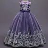 Прекрасный тюль Royal Blue Flower Girl платья для свадьбы Высокие шеи рукава разведка поезд 3D флористическое аппликация причастия платья девушки конкурс платья