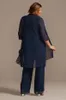 Navy Three Pieces Lovertjes Moeders broekpakken met lange mouwen Jas Pantsuits Jewel Neck Chiffon Groom Mother Outfit