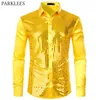 Smooth Silk Men Shirt Shiny Plaid Sequin Gold s Fashion Glitter Dress s Prom Long Sleeve 210721
