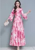 summer Fashion Floral Print Slim A-Line Dress Elegant Ladies Maxi V-Neck three quarter Sleeve Chiffon es 210531