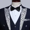 PYJTRL Männliche Mode Schwarz Marineblau Weiß Blumen Revers Hochzeit Bräutigam Frack Smoking Abend Party Kostüme Sänger Anzug Männer X0909