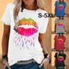 Colorful Lip Print Tee Fashion Women Casual Short Sleeve O-neck T-shirt Tops 2020 Summer Plus Size S-5xl Top For Women Y0629