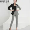 Automne hiver Plaid femmes pantalon costume coréen col en V Blazer veste + crayon tenue de bureau ensembles 210531