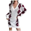 Casual Dresses Women Knitted Pullover Sweater Dress Vintage Elegant Geometric Print Jumper V-neck Long Sleeve Loose Robe Vestidos Mujer