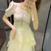 [DEAT] Sommermode Rundhalsausschnitt Hohe Taille Knöchellang Kurzarm Netzgarn Einfarbig Elegantes Kleid 13C662 210527