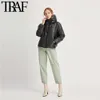 TRAF Mujeres Vintage Cálido Invierno Chaqueta de cuero de imitación Abrigo acolchado Moda Manga larga Bolsillos con cremallera Cordón PU Outerwear Chic Tops 210916