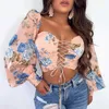 Frauen Elegante Mode Sommer Top Casual Floral Plunge Langarm Cropped Bluse Floral Kordelzug Spitze-up Bluse 210716