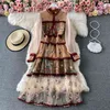 Elegant See Through Lantern Sleeve Mesh Flower Broderi Stitching Lace Trims High Waist Sweet Bow Party Long Dress 210416